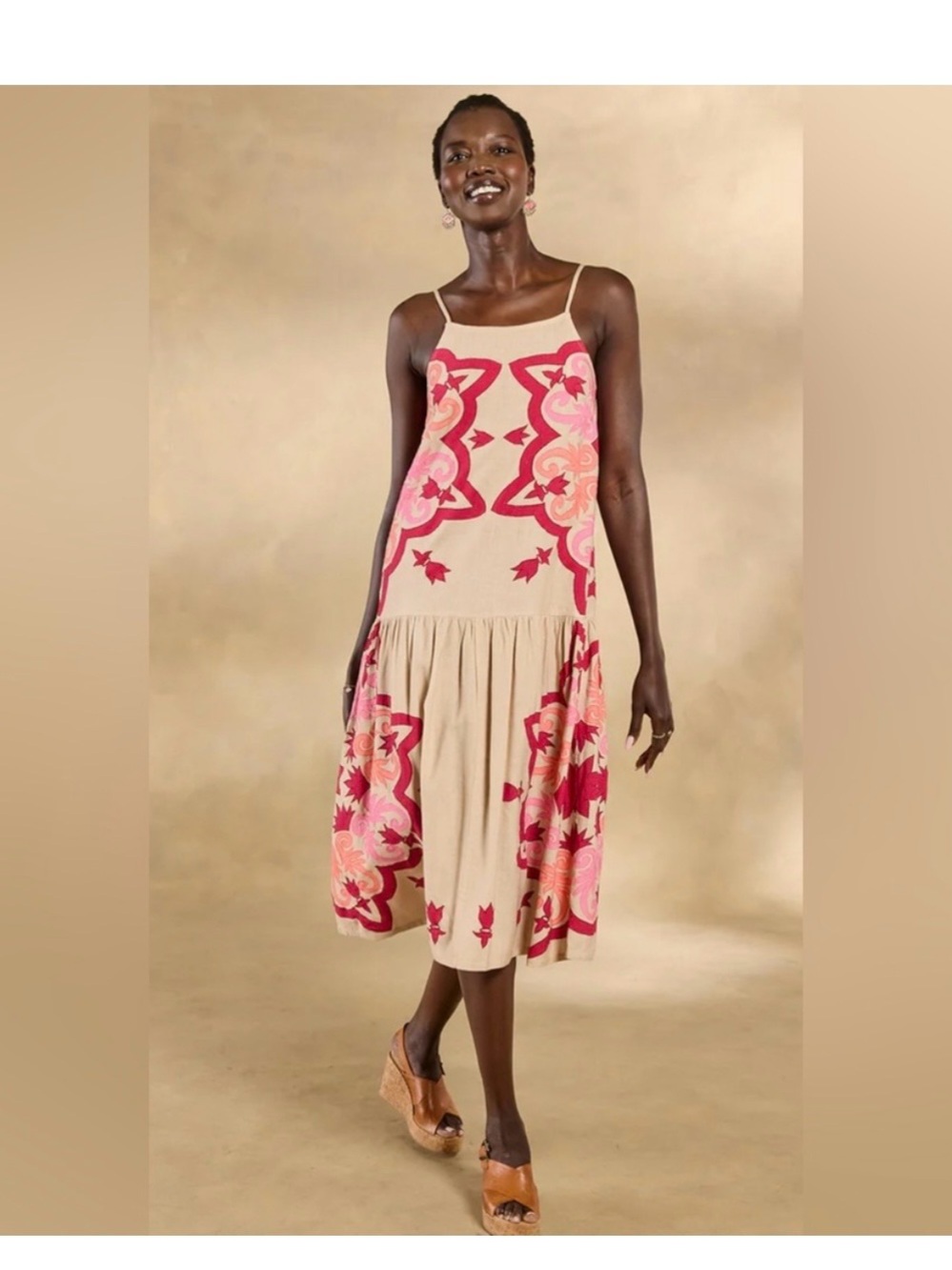 Sundance NWT Rosita Embroidered Linen Beige Midi Dress Pink Floral XL Summer